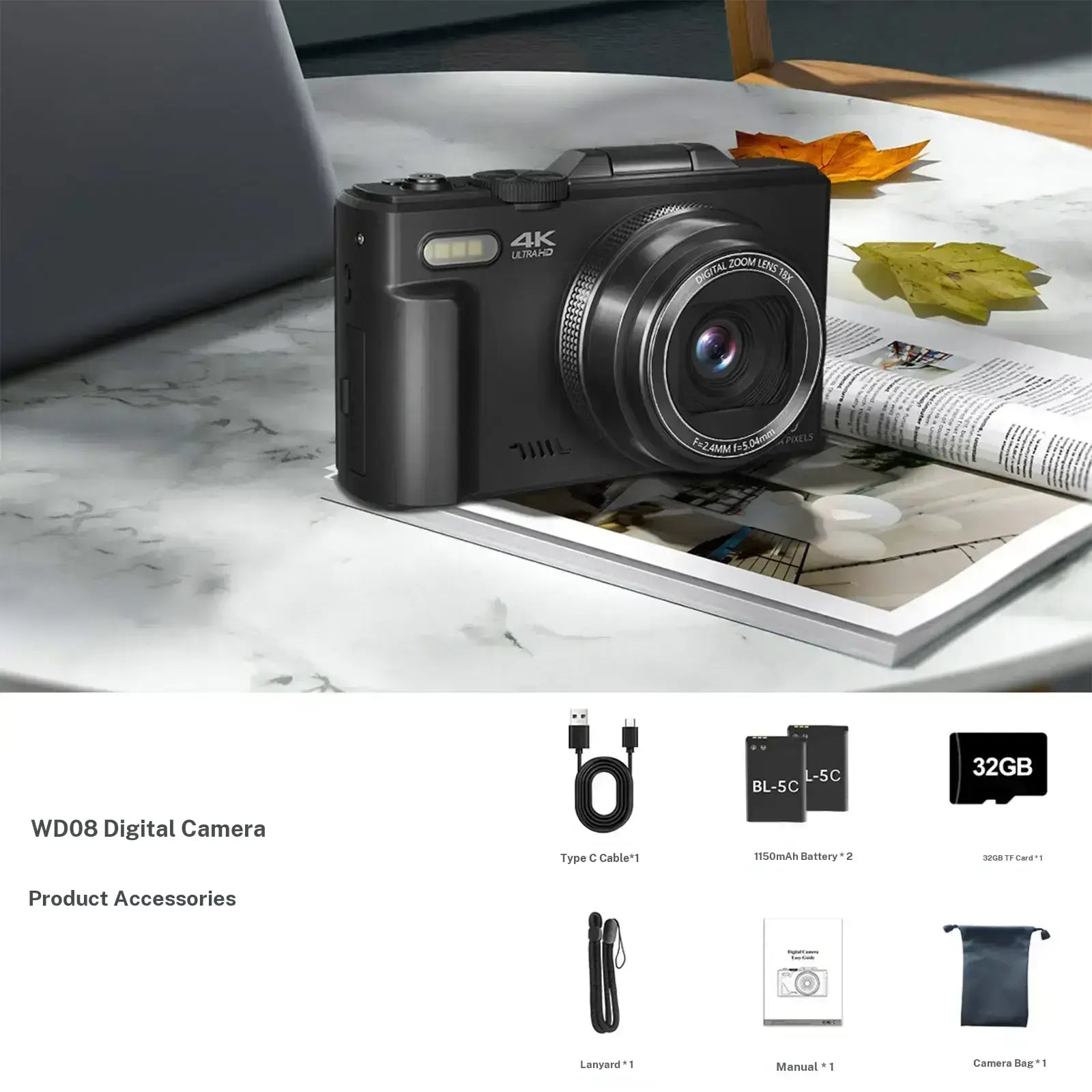 4K Digital Camera for Photography with 64MP, 3 Inch 180° Flip Screen