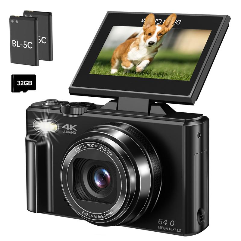 4K Digital Camera for Photography with 64MP, 3 Inch 180° Flip Screen