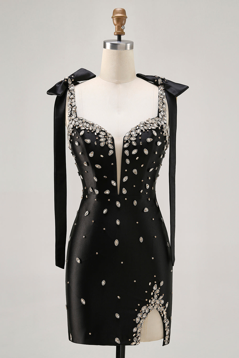 Black Satin Sparkly Rhinestones Tight Short Homecoming Dress with Bow