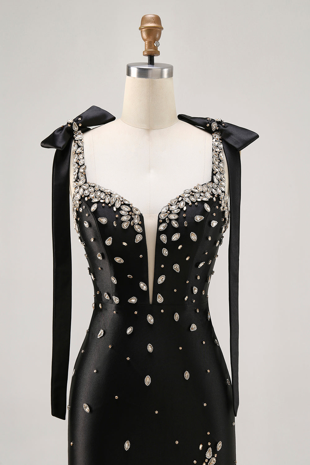 Black Satin Sparkly Rhinestones Tight Short Homecoming Dress with Bow