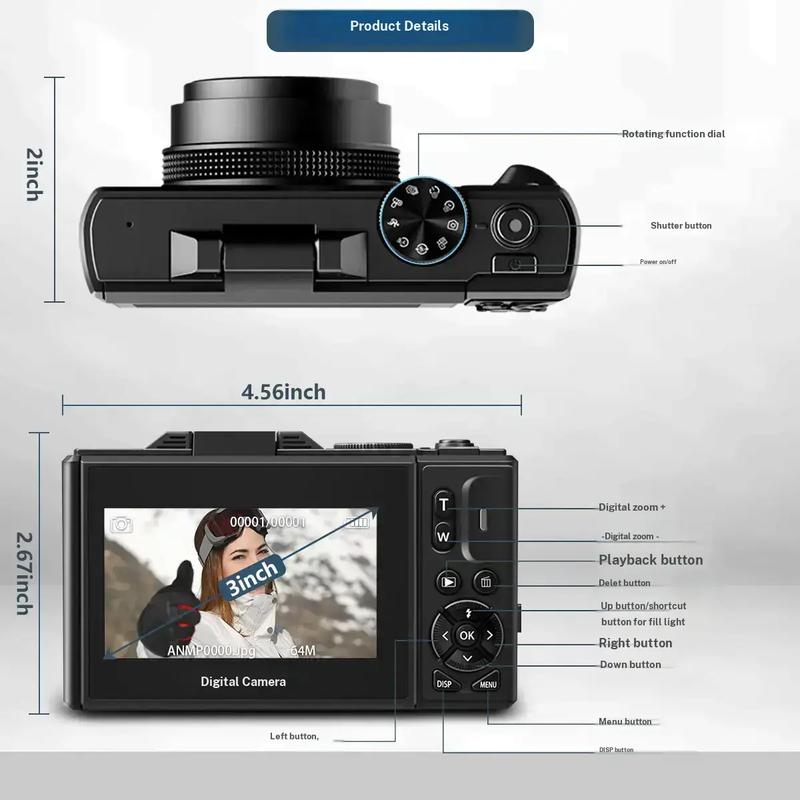 4K Digital Camera for Photography with 64MP, 3 Inch 180° Flip Screen