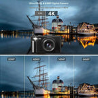 4K Digital Camera for Photography with 64MP, 3 Inch 180° Flip Screen